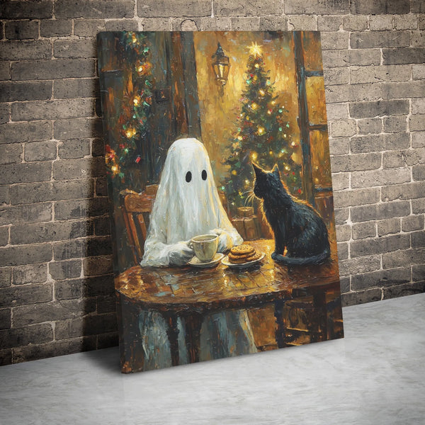 Comfy Holiday Coffee Canvas Print, Ghost and Black Cat Christmas Canvas Art, Adorable Spooky Winter Decor, Whimsical Holiday 
