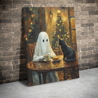 Comfy Holiday Coffee Canvas Print, Ghost and Black Cat Christmas Canvas Art, Adorable Spooky Winter Decor, Whimsical Holiday Art Present