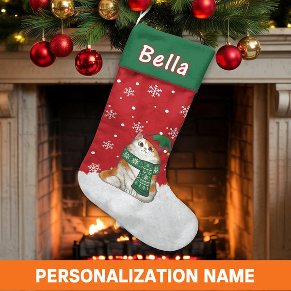 Cat with Scarf Holiday Stocking, Personalized Kitten Christmas Stocking, Snowflake Winter Pet Stocking, Adorable Fireplace Ho