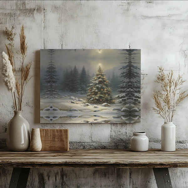 Snowy Landscape Canvas Print, Winter Forest Christmas Tree Wall Art, Rustic Holiday Poster, Digital Download Home Decor