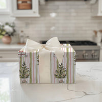 Watercolor Pink Sage Gift Wrap, Striped Christmas Tree Wrapping Paper, Holiday Presents Present Paper, Festive Xmas Wrapping Paper Roll