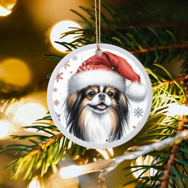 Santa Hat Dog Snowflakes Christmas Ornament, Japanese Chin Dog Ceramic Ornament, Adorable Pet Lover Tree Decor, Holiday Keeps