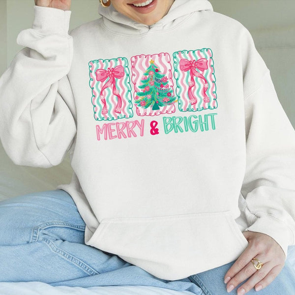 Wavy Tree and Bow Holiday Hoodie, Retro Merry and Bright Christmas Hoodie, Vintage Aesthetic Xmas Sweatshirt, Festive Winter 