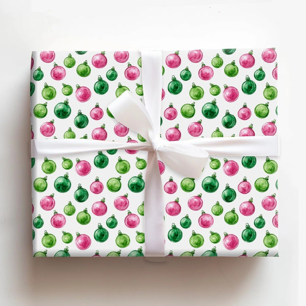 Watercolor Bauble Wrapping Paper, Pink Green Christmas Ornament Wrapping Paper, Festive Holiday Gift Wrap, Xmas Present Wrapp