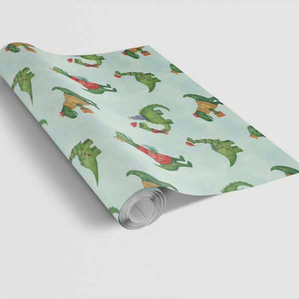 Festive T-Rex Holiday Gift Wrap, Dinosaur Christmas Wrapping Paper, Adorable Dino Xmas Wrapping Paper, Kids Holiday Present P