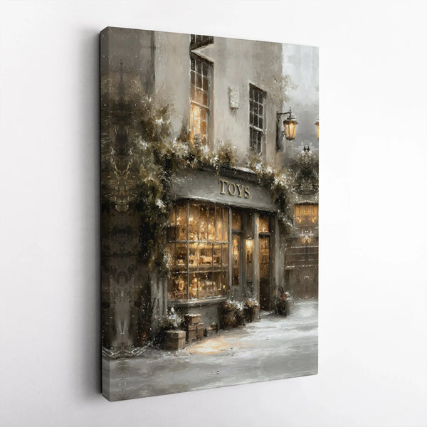 Snowy Christmas Street Canvas Print, Vintage Toy Shop Canvas Wall Art, Winter Village Wall Art, Holiday Home Decor, Festive X