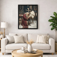 Vintage Christmas Oil Painting Canvas Print, Santa Claus and Reindeer Canvas Wall Art, Holiday Canvas Art, Rustic Winter Wall Decor Present