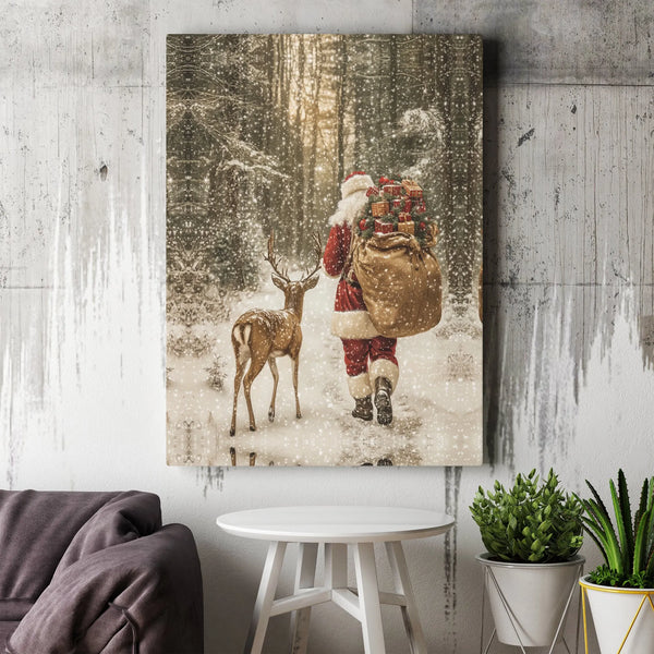 Snowy Forest Christmas Canvas Print, Santa Claus and Reindeer Canvas Wall Art, Winter Holiday Wall Art, Festive Seasonal Canv