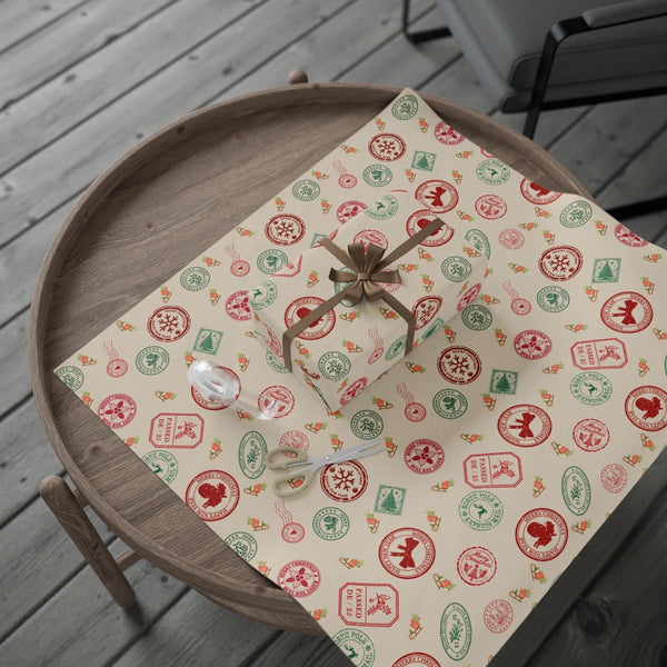 Festive Postal Stamp Holiday Gift Wrap, Vintage Christmas Wrapping Paper, Retro Postage Wrapping Paper Roll, Xmas Gift Wrap P