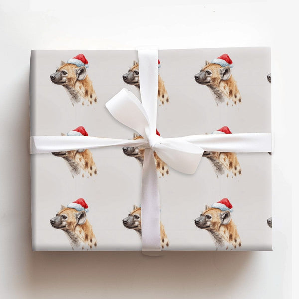 Humorous Safari Animal Gift Wrap, Watercolor Hyena Christmas Wrapping Paper, Santa Hat Hyena Wrapping Paper, Secret Santa Hol