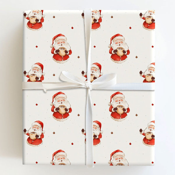 Comfy Hot Cocoa Christmas Gift Wrap, Watercolor Santa Wrapping Paper, Adorable Santa Claus Present Wrap, Rustic Holiday Packa