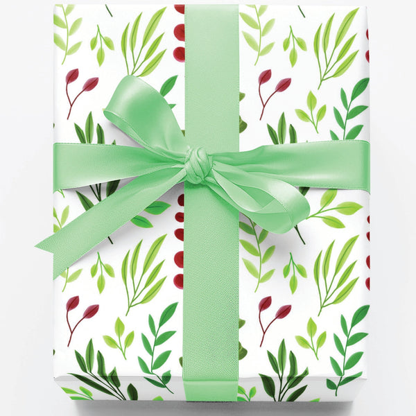 Red Berry Gift Wrap, Botanical Christmas Wrapping Paper, Green Leaf Winter Holiday Wrapping Paper, Festive Botanical Gift Wra