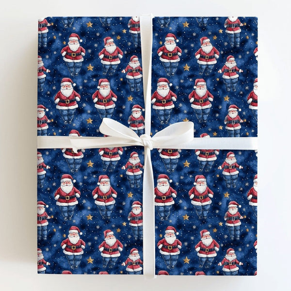 Humorous Denim Santa Gift Wrap, Santa in Blue Jeans Wrapping Paper, Starry Night Christmas Wrapping Paper, Whimsical Holiday 
