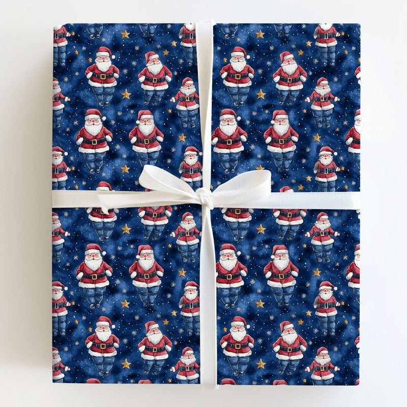 Humorous Denim Santa Gift Wrap, Santa in Blue Jeans Wrapping Paper, Starry Night Christmas Wrapping Paper, Whimsical Holiday Gift Wrap Roll