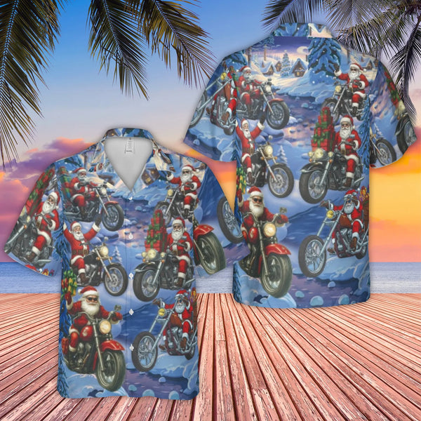 Motorcycle Santa Aloha Shirt, Santa Biker Hawaiian Shirt, Festive Christmas Button Up Shirt, Holiday Rider Tropical Short Sle