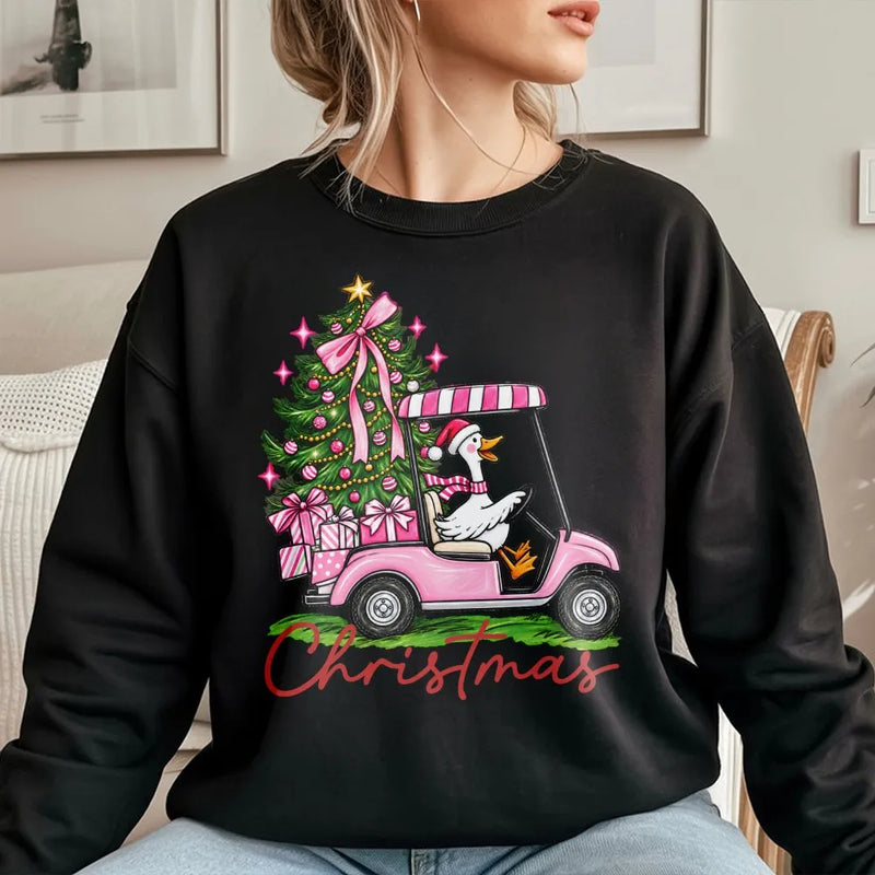 Pink Golf Cart Christmas Tree Crewneck, Christmas Goose Sweatshirt, Retro Pink Christmas Sweatshirt, Adorable Holiday Pullover Sweater Present