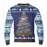 Nordic Ocean Holiday Sweater, Shark Christmas Tree Ugly Sweater, Marine Life Xmas Ugly Sweater, Humorous Fish Winter Crewneck Sweater Present