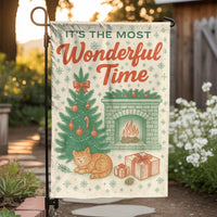 Comfy Holiday Cat Yard Flag, Cat by Fireplace Christmas Garden Flag, Winter Kitten Garden Flag, Festive Lawn Banner, Pet Lover Porch Flag