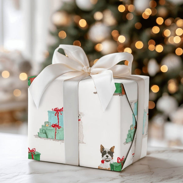 Adorable Puppy Christmas Wrapping Paper, Watercolor Dog Wrapping Paper, Pet Lover Holiday Wrapping Paper Roll, Festive Xmas P