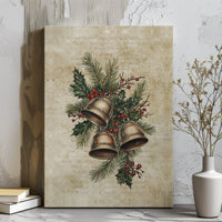 Rustic Holly Pine Holiday Print, Vintage Christmas Bells Canvas Wall Art, Seasonal Winter Home Decor, Traditional Xmas Canvas Decor Present