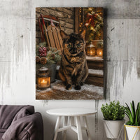 Tortoiseshell Cat Holiday Wall Art, Christmas Cat Canvas Print, Comfy Winter Cat Canvas, Rustic Christmas Porch Wall Decor, Cat Lover Present