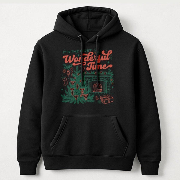 Retro Fireplace Pine Tree Sweatshirt, Most Wonderful Time Christmas Hoodie, Comfy Holiday Cabin Pullover, Winter Xmas Graphic