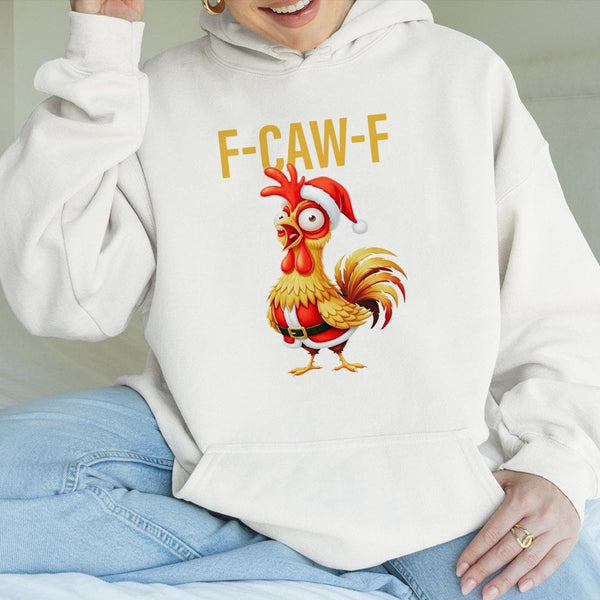Santa Rooster F-CAW-F Graphic Hoodie, Humorous Christmas Chicken Hoodie, Holiday Farm Humor Sweatshirt, Festive Chicken Lover