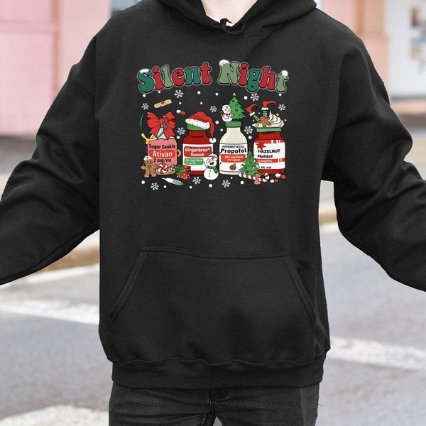 Humorous Medical Christmas Medicine Hooded Sweatshirt, Silent Night Nurse Hoodie, ICU Nurse Holiday Hoodie, Healthcare Winter