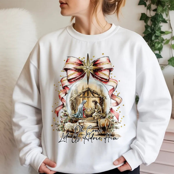 Watercolor Nativity Scene Crewneck, Oh Come Let Us Adore Him Sweatshirt, Christian Holiday Sweater, Religious Christmas Sweat