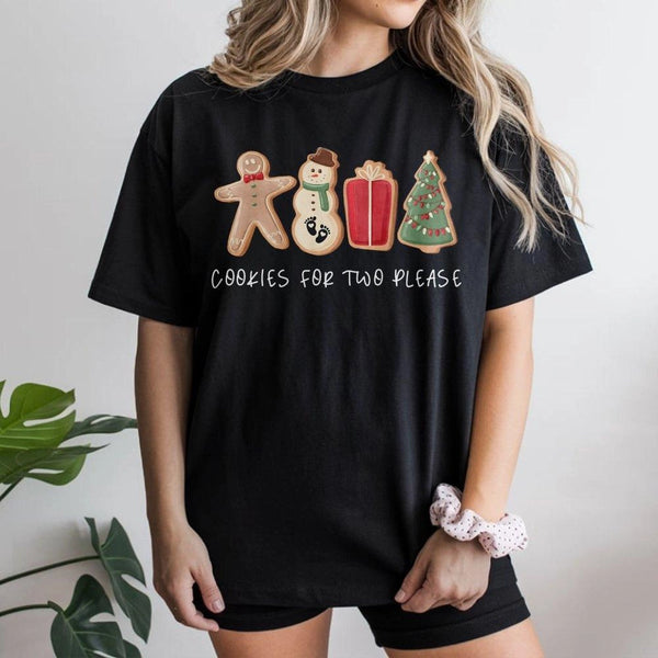 Adorable Gingerbread Snowman Graphic Tee, Cookies for Two Please Christmas T-Shirt, Holiday Pregnancy Reveal Shirt, Expecting
