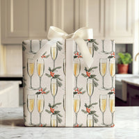 Holly and Pine Holiday Gift Wrap, Champagne Flute Wrapping Paper, New Years Eve Party Wrapping Paper, Christmas Celebration Gift Wrap