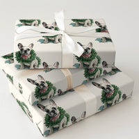 Puppy Wreath Holiday Gift Wrap, French Bulldog Christmas Wrapping Paper, Frenchie Dog Xmas Wrapping Paper
