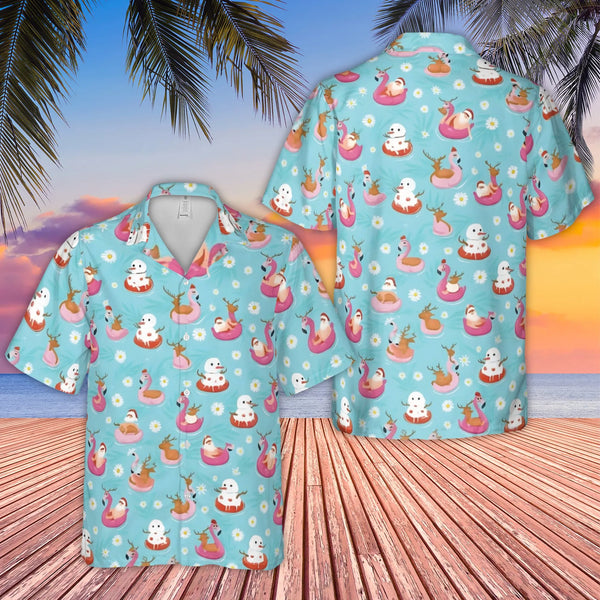 Tropical Christmas Hawaiian Shirt, Santa and Snowman Flamingo Hawaiian Shirt, Retro Holiday Flamingo Hawaiian Shirt, Beach Xm