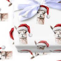 Watercolor Santa Hat Gift Wrap, Llama Christmas Wrapping Paper, Adorable Llama Wrapping Paper Roll, Holiday Wrapping Paper