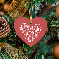 Scandi Red Floral Heart Ornament, Folk Art Botanical Heart Ornament, Ceramic Valentine Christmas Heart Ornament, Romantic Holiday Decor