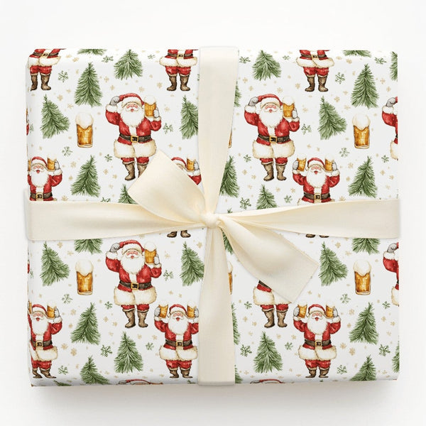 Humorous Beer Lover Gift Wrap, Santa Drinking Beer Wrapping Paper, Festive Santa Wrapping Paper, Christmas Tree Present Wrap,