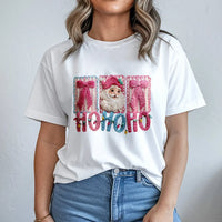 Faux Yarn Stitched Santa Shirt, Pink Santa Claus T-Shirt, Festive Ho Ho Ho Graphic Tee, Retro Pink Christmas Tee, Holiday Present for Women