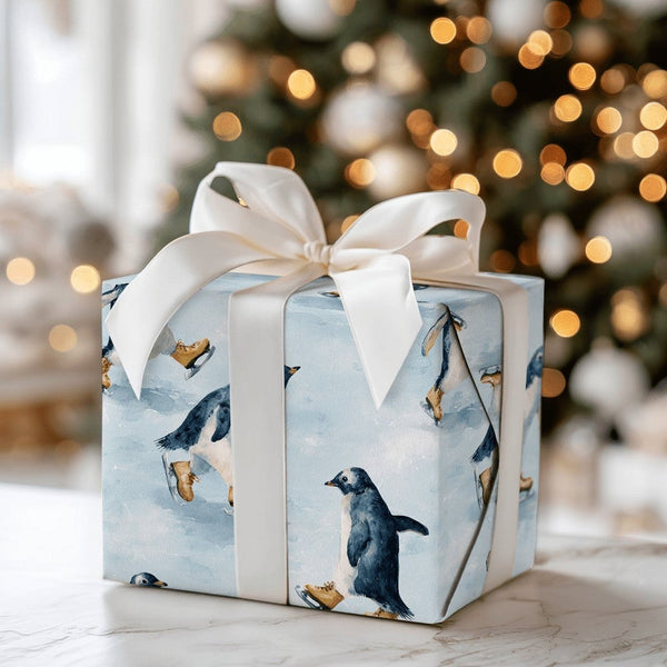 Adorable Winter Animal Gift Wrap, Ice Skating Penguin Christmas Wrapping Paper, Watercolor Holiday Wrapping Paper, Festive Ki