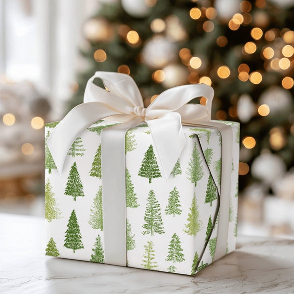 Rustic Woodland Holiday Gift Wrap, Watercolor Pine Tree Wrapping Paper, Winter Evergreen Wrapping Paper, Forest Christmas Tre