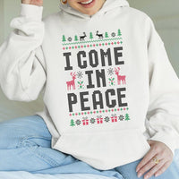 Humorous Ugly Christmas Sweater Style Hoodie, I Come in Peace Hoodie, Retro Alien Xmas Hooded Sweatshirt, Holiday Party Couple Present
