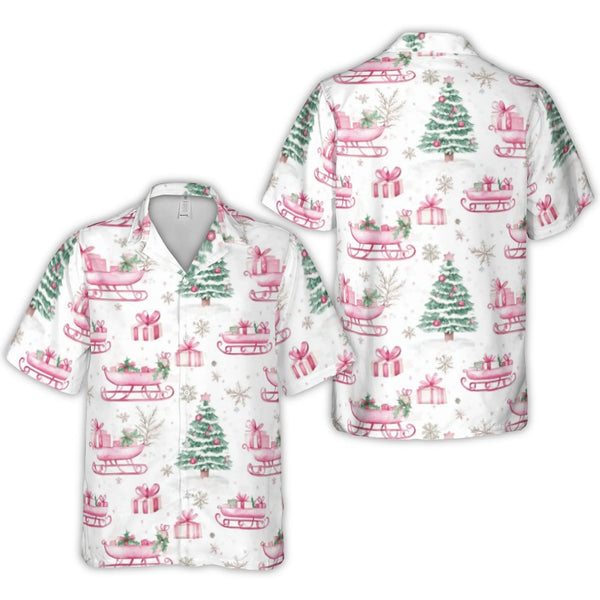 Festive Sleigh and Tree Shirt, Pink Christmas Hawaiian Shirt, Retro Holiday Tropical Aloha Shirt, Summer Button Up, Xmas Pres