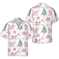 Festive Sleigh and Tree Shirt, Pink Christmas Hawaiian Shirt, Retro Holiday Tropical Aloha Shirt, Summer Button Up, Xmas Present for Men Women