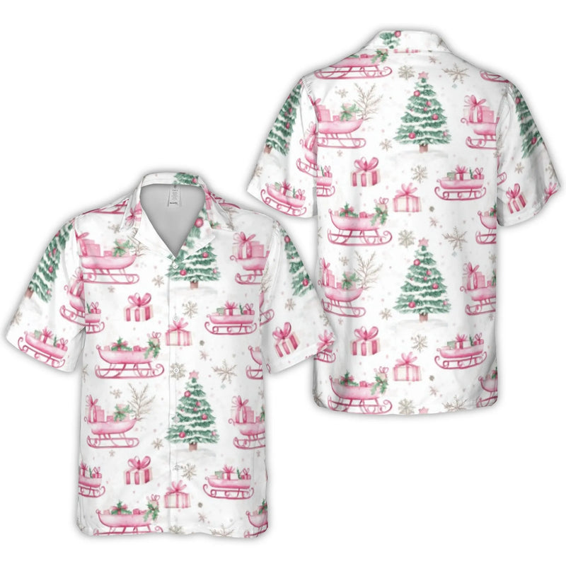 Festive Sleigh and Tree Shirt, Pink Christmas Hawaiian Shirt, Retro Holiday Tropical Aloha Shirt, Summer Button Up, Xmas Present for Men Women