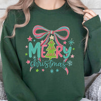 Neon Christmas Tree Sweater, Merry Christmas Sweatshirt, Bright Holiday Bow Crewneck, Festive Xmas Pullover, Retro Christmas Sweatshirt