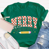 Holiday Educator Graphic Tee, Plaid Pencil Merry Teacher Christmas T-Shirt, Adorable Winter School Teacher Shirt, Christmas Teacher Present