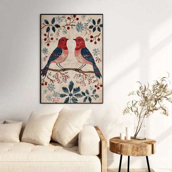 Vintage Tapestry Robins & Snowflakes Print, Winter Birds Wall Art, Christmas Bird Wall Poster, Rustic Holiday Farmhouse Decor