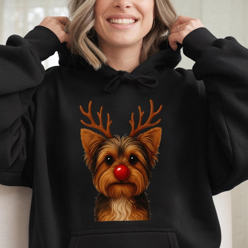 Adorable Yorkshire Terrier Holiday Sweatshirt, Yorkie Reindeer Christmas Hoodie, Festive Xmas Dog Pullover, Humorous Puppy Hooded Sweater