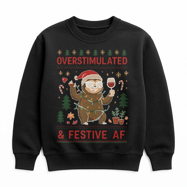 Humorous Wine Christmas Sweatshirt, Overstimulated Sloth Sweatshirt, Adorable Sloth Holiday Crewneck, Comfy Animal Pullover S