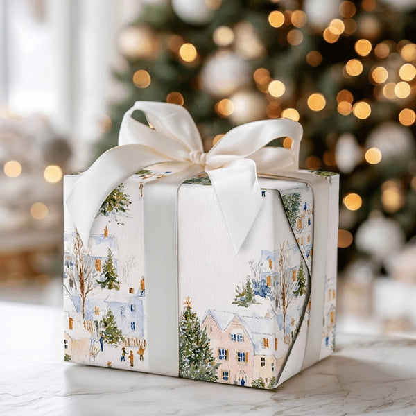 Watercolor Winter Wonderland Gift Wrap, Snowy Village Christmas Wrapping Paper, Holiday Village Wrapping Paper, Festive Gift 