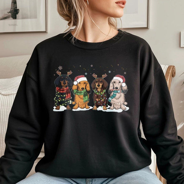 Adorable Festive Wiener Dog Sweater, Dachshund Christmas Sweatshirt, Holiday Dachshund Crewneck, Retro Winter Dog Lover Pullo